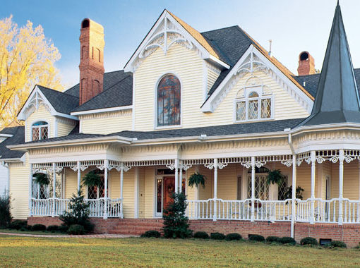 A classic American home with detailed trimwork and a front porch area