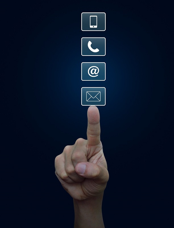 Hand pressing telephone, mobile phone, at and email buttons over Customer Service